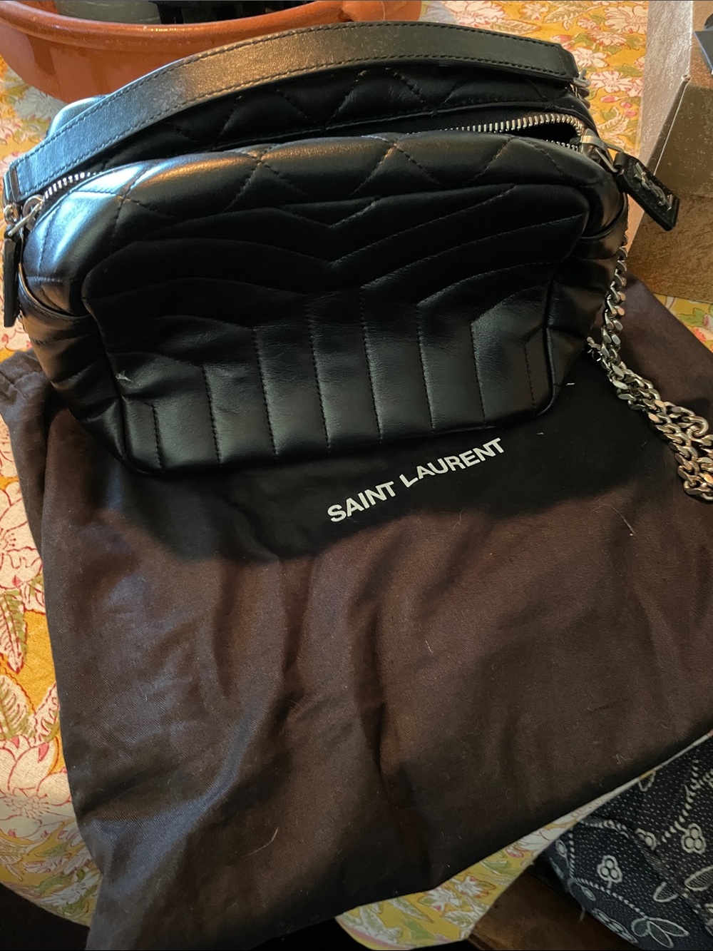 Saint Laurent Black Quilted Leather Camera Bag with Chain Strap